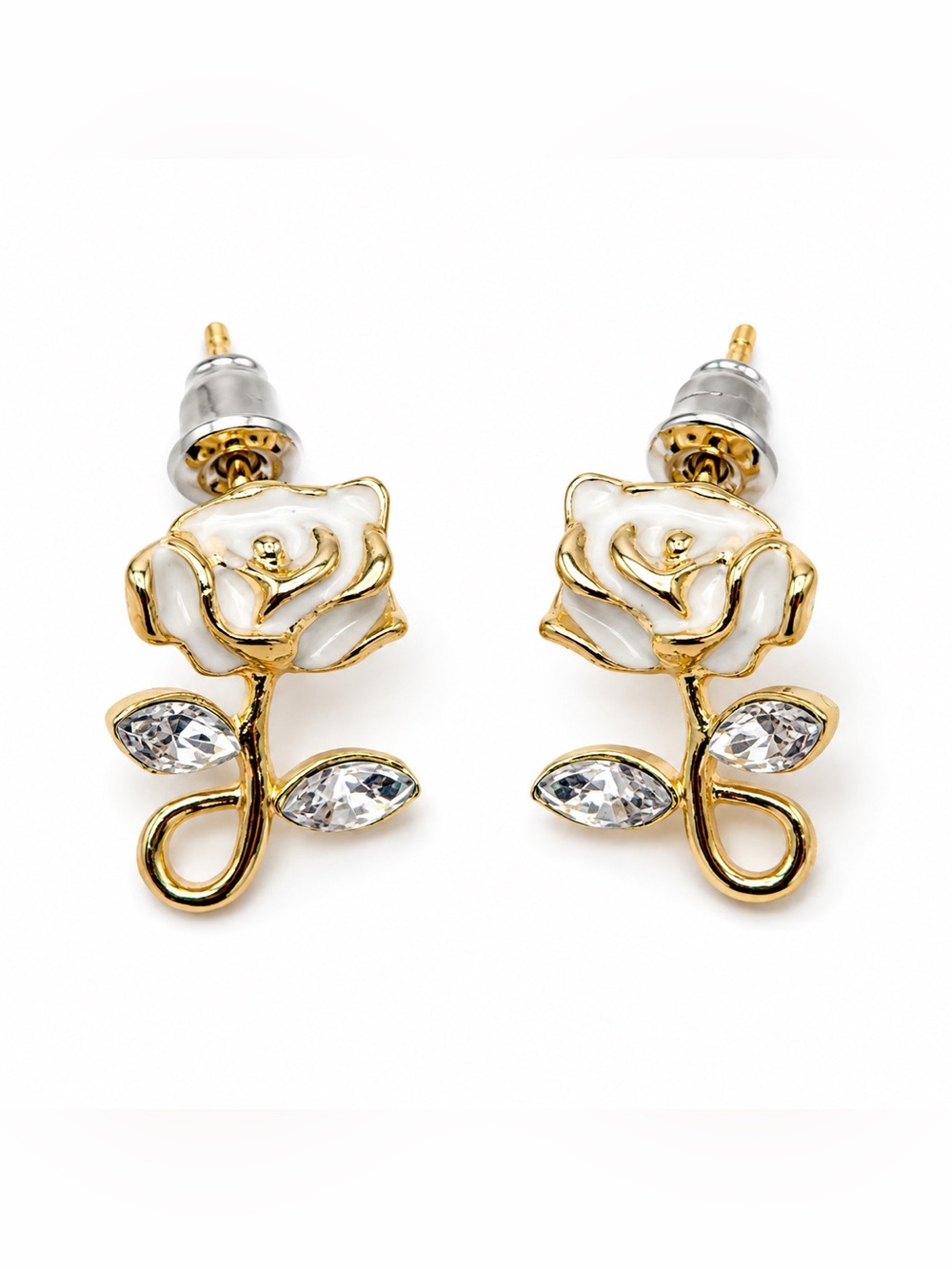 White Rose Stud Earrings Gold Tone Rhinestone Floral Statement Jewelry